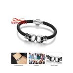 Bracelet Cuir Noir Pendentif Tete De Mort Et Fermoir En Acier Inoxydable Magnetique Argenté + Sachet de Bijoux au meilleur prix au Maroc