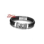 Bracelet Cuir Noir Avec Fermoir En Acier Inoxydable Argenté + Sachet de Bijoux au meilleur prix au Maroc