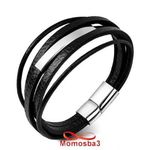 Bracelet En Cuir Noir Et Acier Inoxydable + Sachet De Bijoux au meilleur prix au Maroc