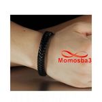 Bracelet Cuir Noir Avec Fermoir En Acier Inoxydable Argenté + Sachet de Bijoux au meilleur prix au Maroc