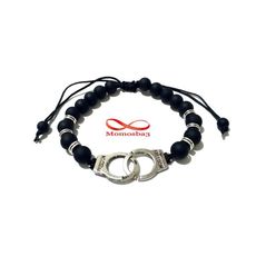 Agate Perles Noir Mat Avec Pendentif Menotte Argent Charm Réglable au meilleur prix au Maroc