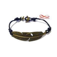 Bracelet Cuir Noir Pendentif Plume Fermoir Ancre Marine BRONZE Réglable au meilleur prix au Maroc