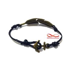 Bracelet Cuir Noir Pendentif Plume Fermoir Ancre Marine BRONZE Réglable au meilleur prix au Maroc