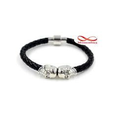 Bracelet Cuir Noir Avec Pendentif 2 Tête De Mort Fermoir Magnétique (Argenté) au meilleur prix au Maroc