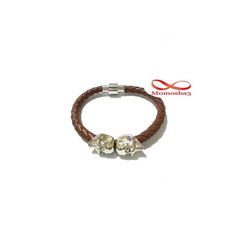 Bracelet Cuir MARRON Avec Pendentif 2 Tête De Mort Fermoir Magnétique (Argenté) au meilleur prix au Maroc