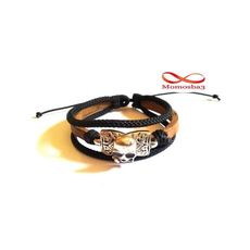 Bracelet Tête de Mort Cuir MARRON + Cordon Noir (Fil Réglable) au meilleur prix au Maroc