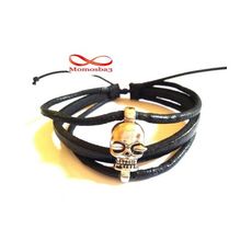 Bracelet Tête De Mort Cuir Noir + Cordon Réglable au meilleur prix au Maroc