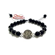 Agate Pierres Noir Mat Avec Pendentif Piece De Monnaie Argenté Unisex - Réglable au meilleur prix au Maroc