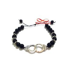 Agate Verre Noir 8mm Avec Pendentif Menotte Argent Charm - Réglable au meilleur prix au Maroc