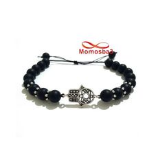 Agate Pierres Noir Mat Avec Pendentif Khmissa Argenté Unisex - Réglable au meilleur prix au Maroc