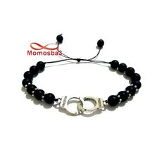 Agate Pierres Noir Mat Avec Pendentif Menotte Argenté Unisex - Réglable au meilleur prix au Maroc