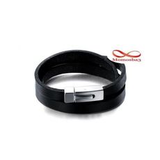 Bracelet Cuir Noir Avec Fermoir En Acier Inoxydable Argenté + Sachet de Bijoux au meilleur prix au Maroc