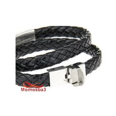 Bracelet Deux Tour Cuir Noir Plaque Et Fermoir En Acier Inoxydable Unisex - Réglable au meilleur prix au Maroc