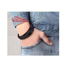 Bracelet Cuir Noir Avec Fermoir Magnet En Acier Inoxydable Noir + Sachet De Bijoux au meilleur prix au Maroc