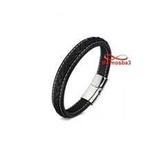 Bracelet Cuir Noir Avec Fermoir En Acier Inoxydable Argenté - Unisex au meilleur prix au Maroc