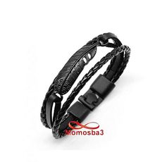 Bracelet Cuir Noir Véritable Symbole Plume Et Fermoir Noir Unisex au meilleur prix au Maroc