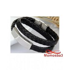 Bracelet Deux Tour Cuir Noir Plaque Et Fermoir En Acier Inoxydable - Réglable au meilleur prix au Maroc