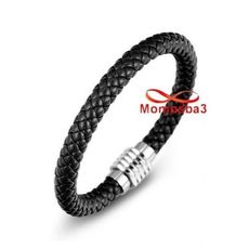 Bracelet Cuir Noir Fermoir Magnétique En Acier Inoxydable + Sachet De Bijoux au meilleur prix au Maroc