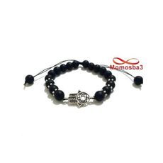 Agate Pierres Noir Mat Avec Pendentif Khmissa Argenté Unisex - Réglable au meilleur prix au Maroc