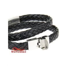 Bracelet Deux Tour Cuir Noir Plaque Et Fermoir En Acier Inoxydable - Réglable au meilleur prix au Maroc