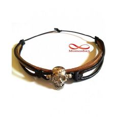 Bracelet Tête De Mort Cuir MARRON + Noir (Fil Réglable) au meilleur prix au Maroc
