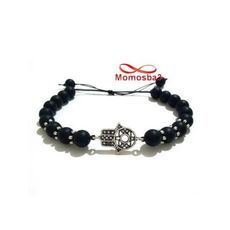 Agate Pierres Noir Mat Avec Pendentif Khmissa Argenté Unisex - Réglable au meilleur prix au Maroc