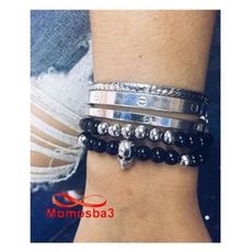 Pack 2 Agate Perles Noir Avec Pendentif Tête De Mort Argenté Unisex au meilleur prix au Maroc