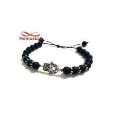 Agate Pierres Noir Mat Avec Pendentif Khmissa Argenté Unisex - Réglable au meilleur prix au Maroc