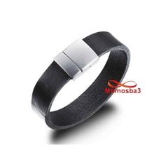 Bracelet Cuir Noir Avec Fermoir En Acier Inoxydable Magnetique Argenté + Sachet au meilleur prix au Maroc