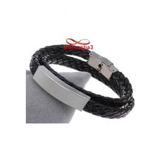 Bracelet Deux Tour Cuir Noir Plaque Et Fermoir En Acier Inoxydable - Réglable au meilleur prix au Maroc