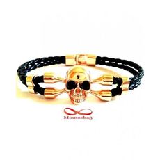 Bracelet Cuir Noir Tressé Avec Pendentif Tête de Mort DORE au meilleur prix au Maroc