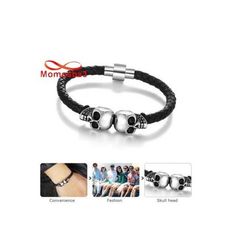 Bracelet Cuir Noir Pendentif Tete De Mort Et Fermoir En Acier Inoxydable Magnetique Argenté + Sachet de Bijoux au meilleur prix au Maroc