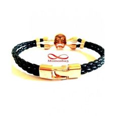 Bracelet Cuir Noir Tressé Avec Pendentif Tête de Mort DORE au meilleur prix au Maroc