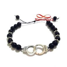 Agate Verre Noir 8mm Avec Pendentif Menotte Argent Charm - Réglable au meilleur prix au Maroc