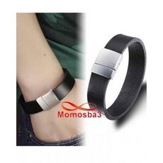 Bracelet Cuir Noir Avec Fermoir En Acier Inoxydable Magnetique Argenté + Sachet au meilleur prix au Maroc