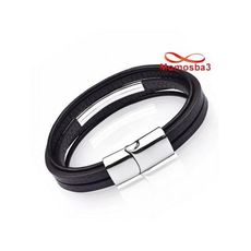 Bracelet En Cuir Noir Et Acier Inoxydable + Sachet De Bijoux au meilleur prix au Maroc