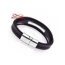 Bracelet En Cuir Noir Et Acier Inoxydable + Sachet De Bijoux au meilleur prix au Maroc