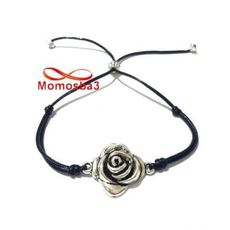 Bracelet Fil Noir Avec Pendentif Fleur Argenté Charm - Réglable au meilleur prix au Maroc