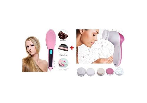 Pack Brosse cheveux lissante électrique + Brosse de nettoyage pour visage 5 en 1 au meilleur prix au Maroc