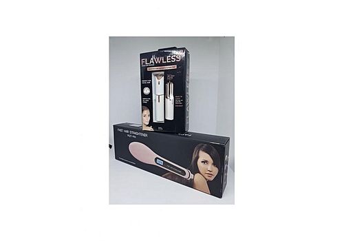 Flawless Pack 2X1 : Brosse Lissante Chauffante Réglable Hair Straightener Céramique + rasoir d'épilateur visage de femmes portative au meilleur prix au Maroc