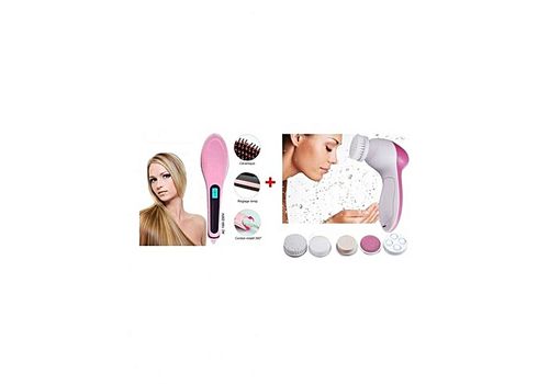 Pack Brosse cheveux lissante électrique + Brosse de nettoyage pour visage 5 en 1 au meilleur prix au Maroc