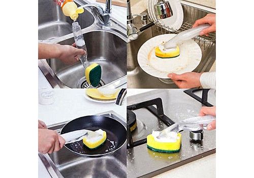 Brosse de Cuisine avec eponge avec poignee de distributeur de savon liquide avec 3 brosse rechargeable au meilleur prix au Maroc