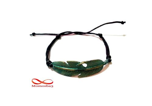 Bracelet Plume BRONZE + BLEU Et Cuir Noir au meilleur prix au Maroc