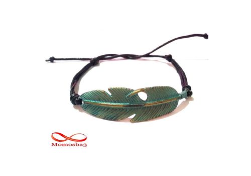 Bracelet Plume BRONZE + BLEU Et Cuir Noir au meilleur prix au Maroc