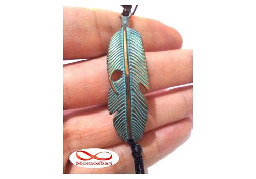 Bracelet Plume BRONZE + BLEU Et Cuir Noir au meilleur prix au Maroc