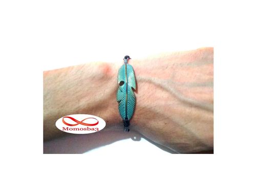 Bracelet Plume BRONZE + BLEU Et Cuir Noir au meilleur prix au Maroc