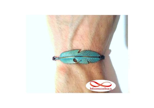 Bracelet Plume BRONZE + BLEU Et Cuir Noir au meilleur prix au Maroc
