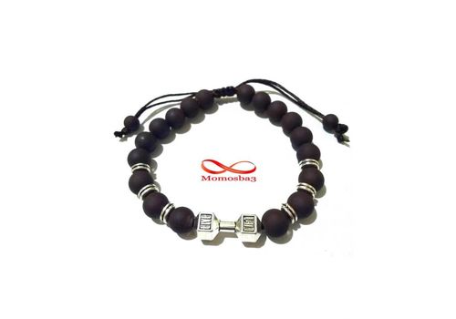 Agate Perles MARRON Mat Barbell Argent Charm Stretch Bodybuilding Fitness Réglable au meilleur prix au Maroc