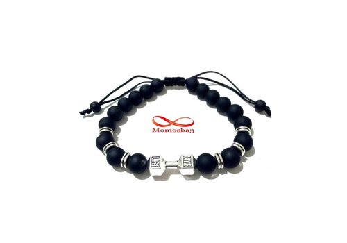 Agate Perles Noir Mat Barbell Argent Charm Stretch Bodybuilding Fitness Réglable au meilleur prix au Maroc
