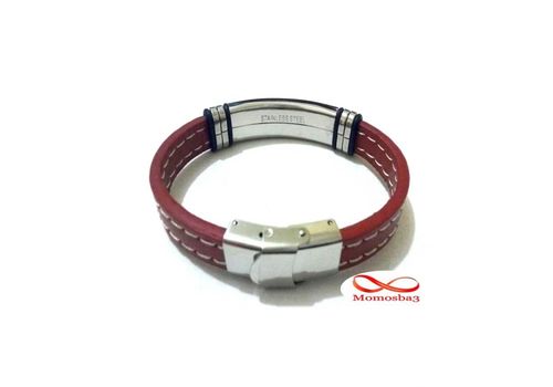 Bracelet En Acier Inoxydable + Cuir Grenat (Réglable) au meilleur prix au Maroc